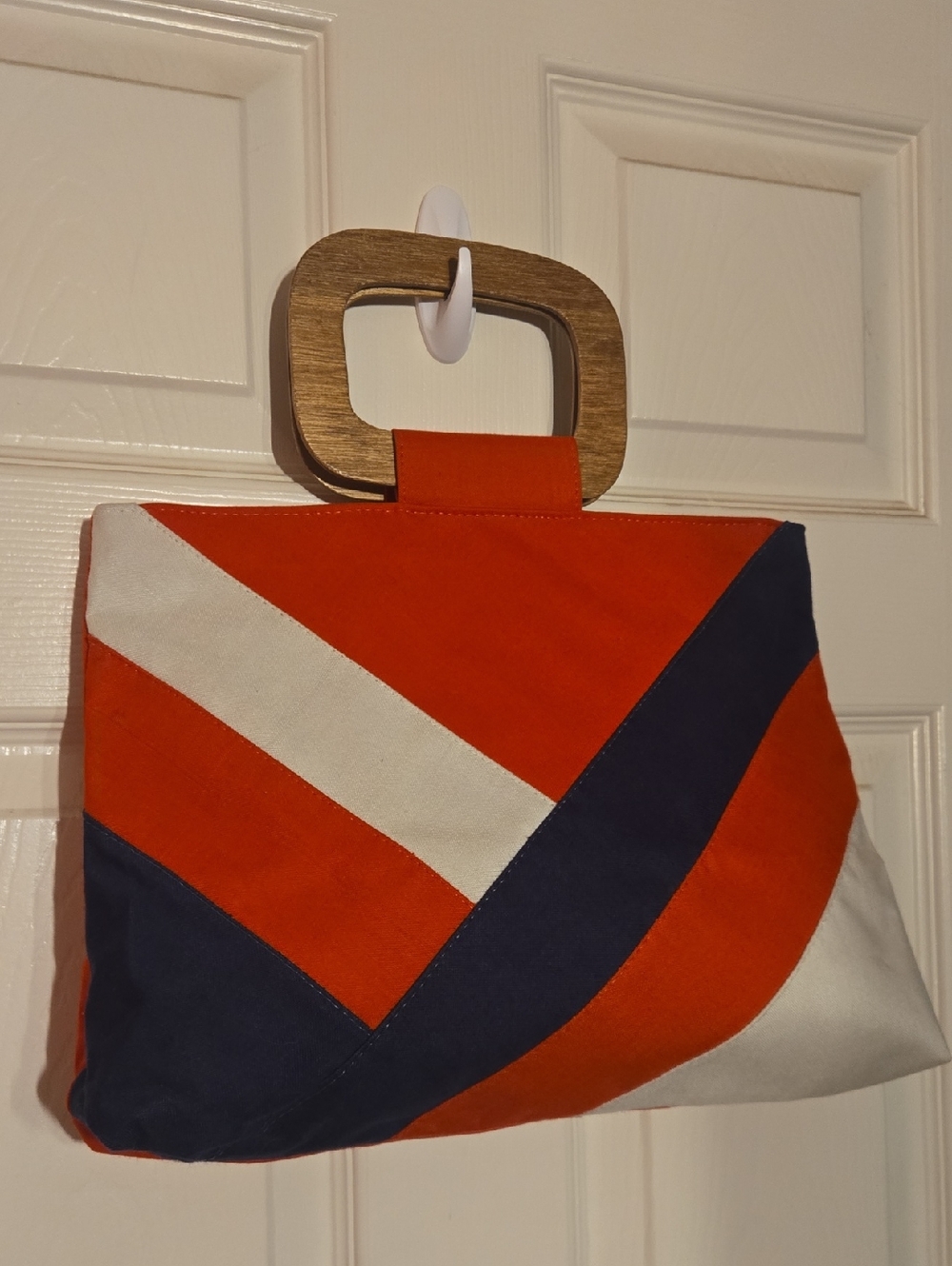 Vintage Striped Cherry Red and Navy Canvas Tote with Wooden Handle.
